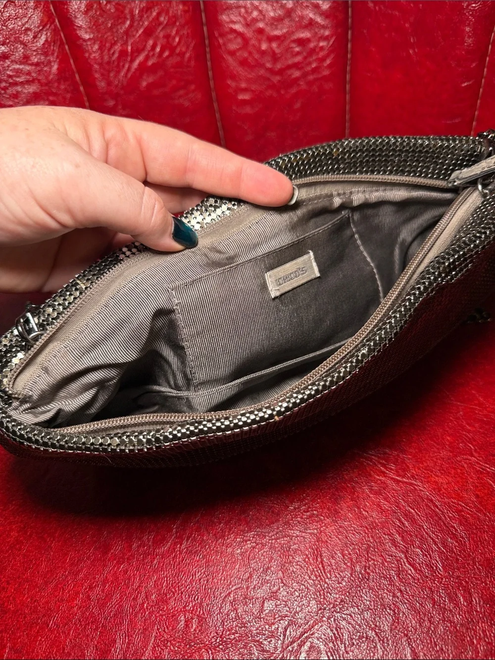 Chico’s Gunmetal Metal Mesh Shoulder Bag Clutch Chain Evening Purse